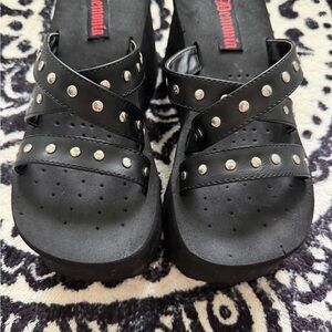 Demonia Black Studded Crisscross Platform Slides